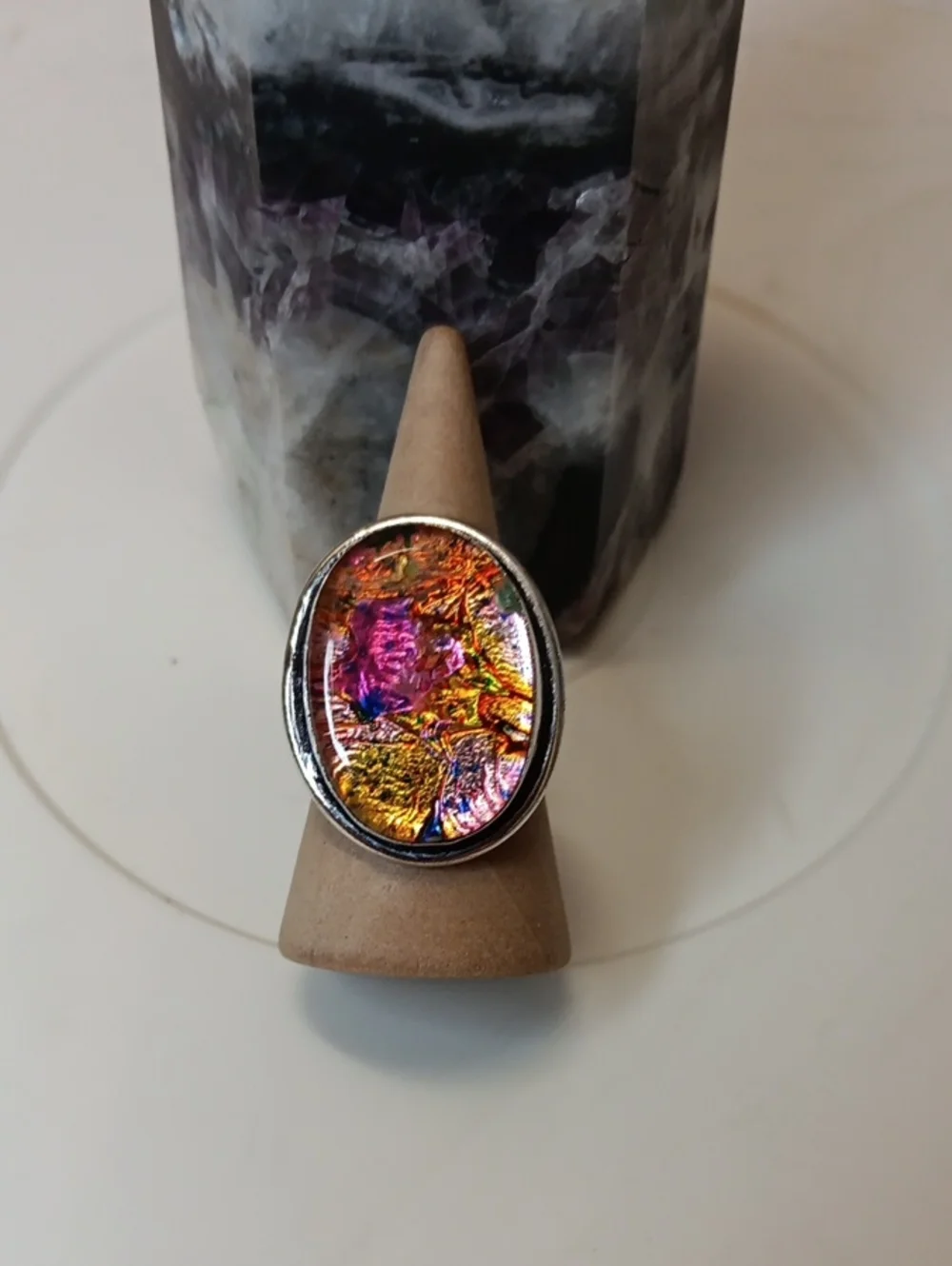 Handcrafted Dichroic Glass Oval Statement Ring in Iridescent Pink & Gold